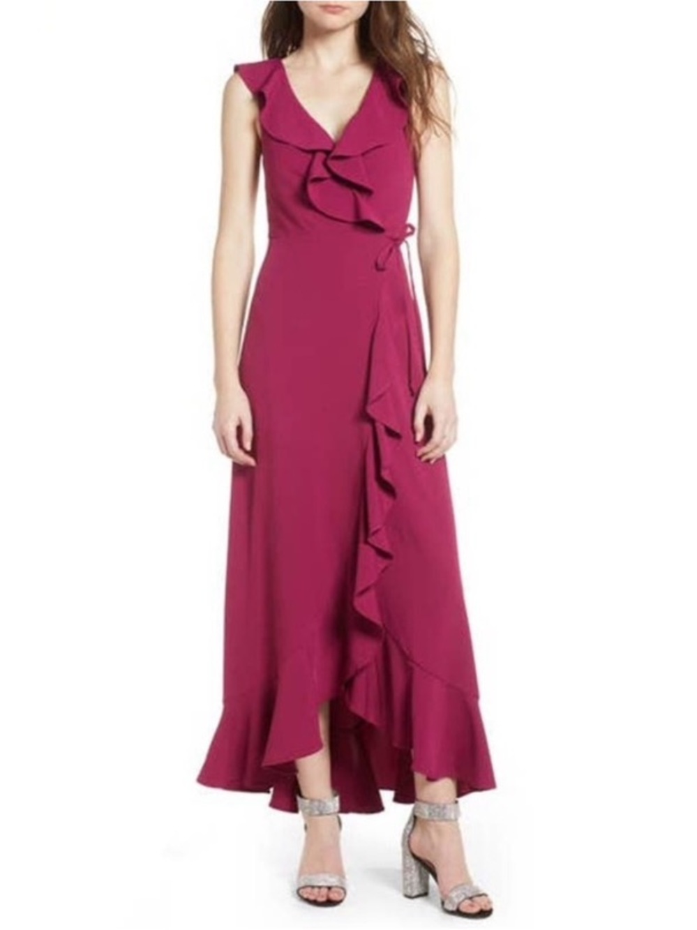 Leith Wrap Sleeveless Ruffled V-Neck Maxi Dress in Berry